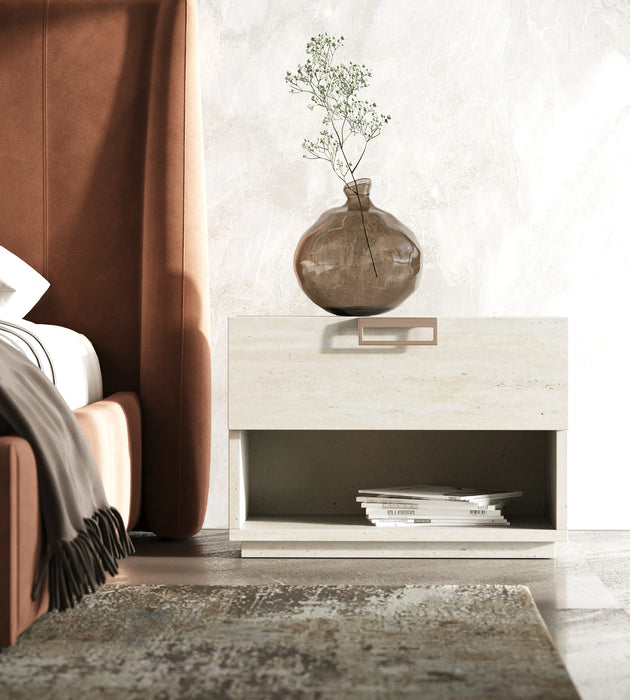Breslow + Lago - Modern Dark Taupe Fabric + Faux Travertine 4-Piece Bedroom Set