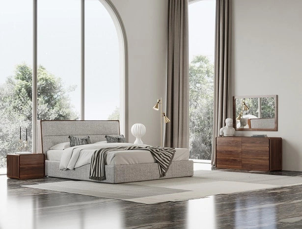 Dustin - Modern Grey Fabric & Walnut Trimmed Bedroom Set