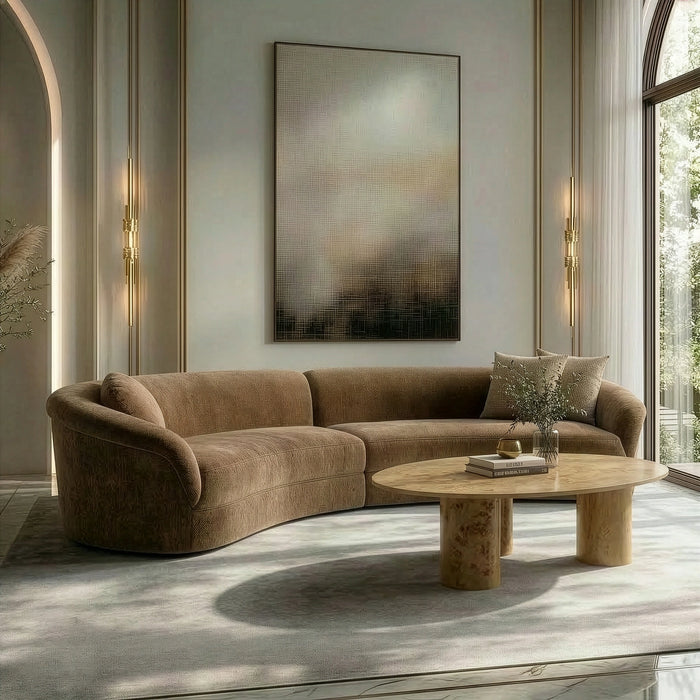 Sheth - Modern Brown Fabric Curved Sectional Sofa