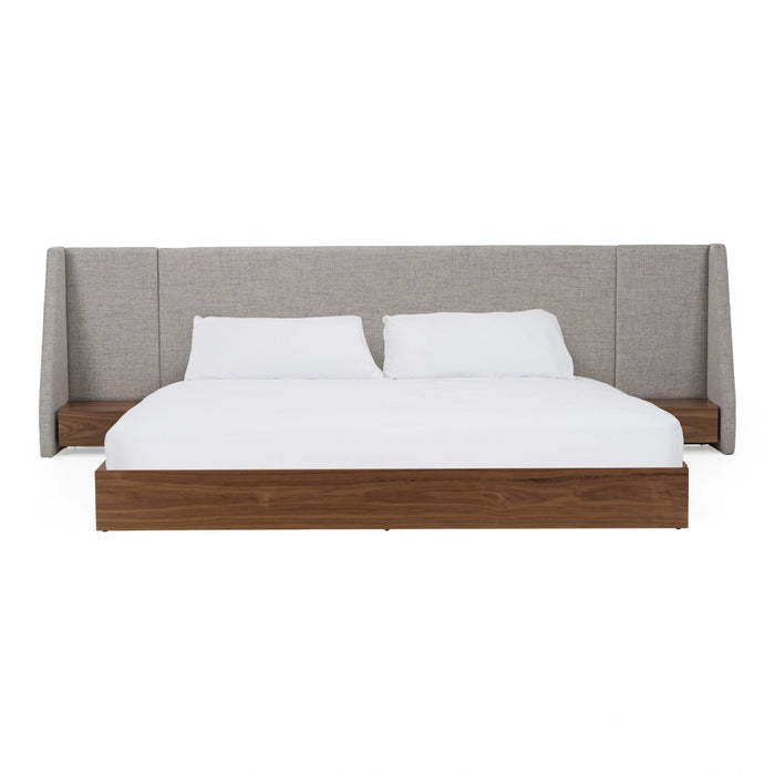 Janice - Modern Grey Fabric and Walnut Bed and Nightstands