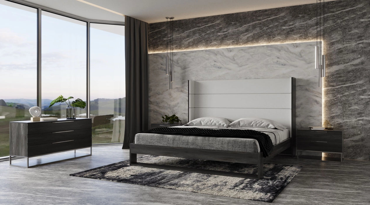 Heloise - Contemporary White Leather & Grey Elm Trim Bed