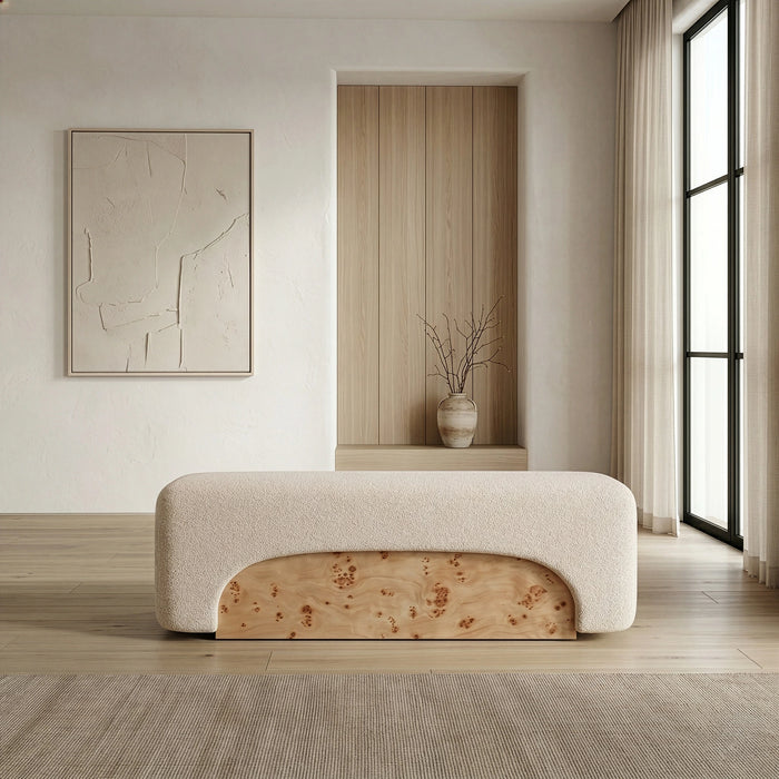 Mayfair - Contemporary Beige Fabric + Burl Bench Ottoman
