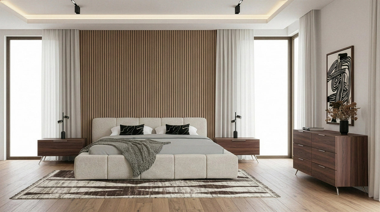 Lamont + Brooklyn - Modern Beige Fabric + Walnut 4-Piece Bedroom Set