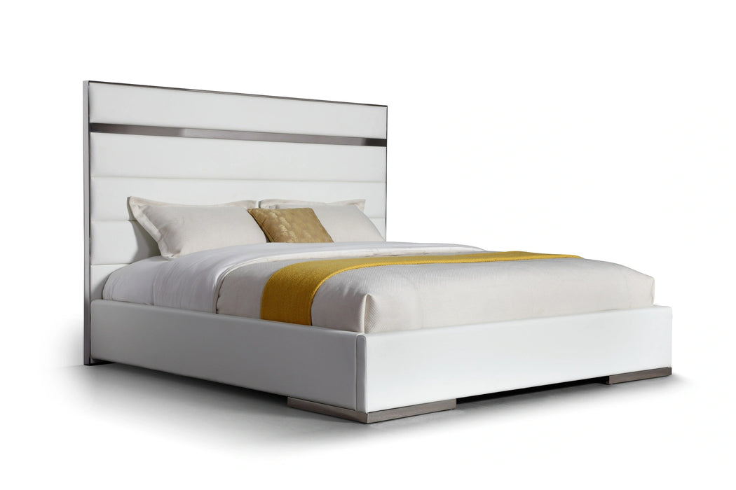 Cartier - Modern White Vegan Leather + Stainless Steel 4-Piece Bedroom Set