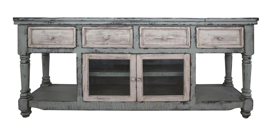 Aruba 70" TV Stand in Sky Blue Finish, w/4 white drawers and 2 white doors