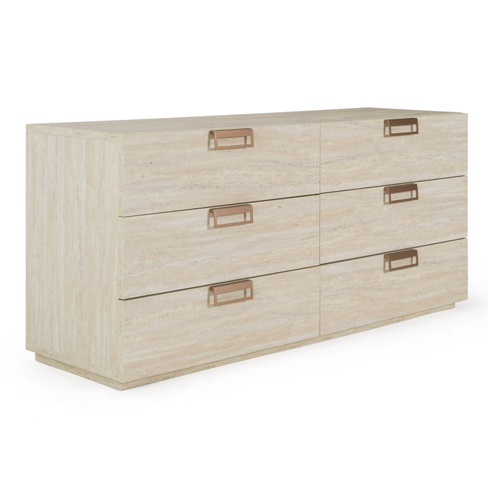 Breslow + Lago - Modern Dark Taupe Fabric + Faux Travertine 4-Piece Bedroom Set