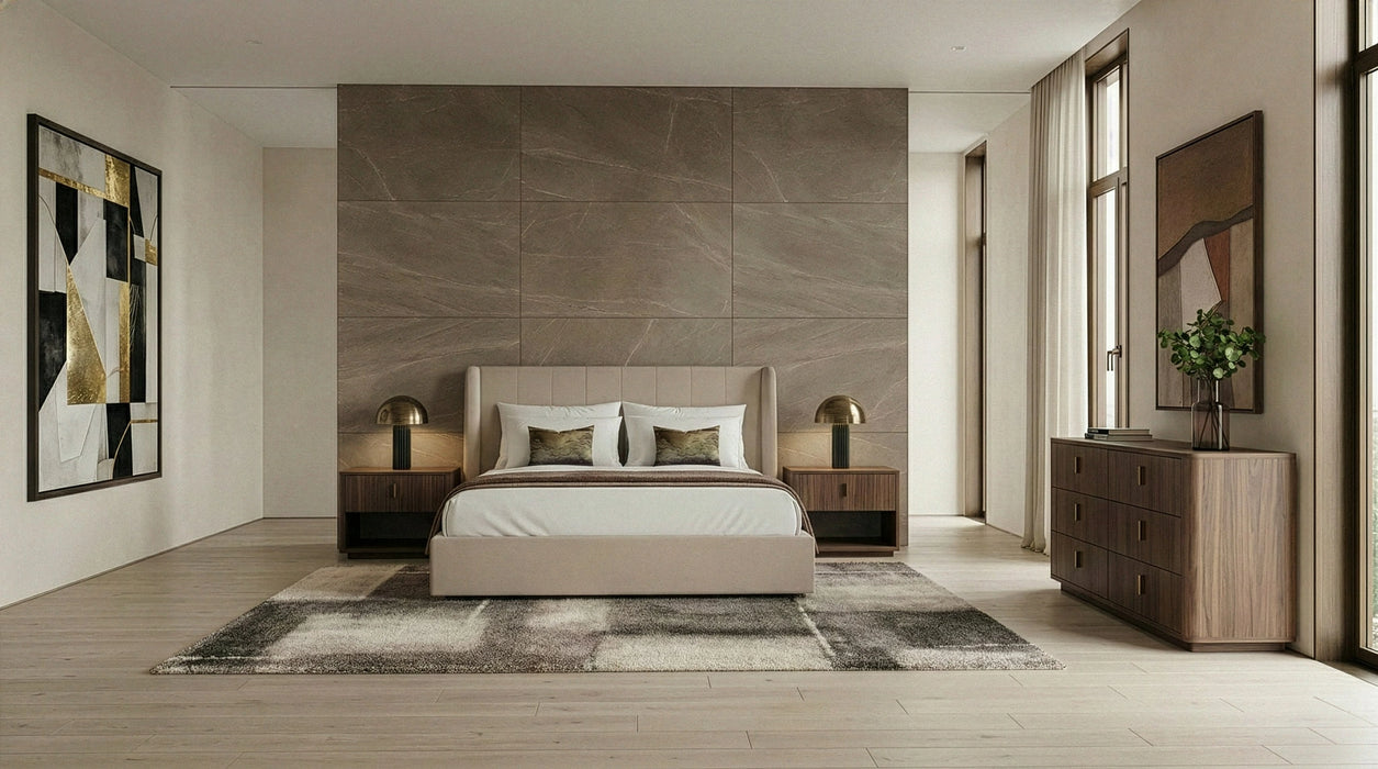 Kiro + Roma - Modern Tan Fabric + Walnut 4-Piece Bedroom Set