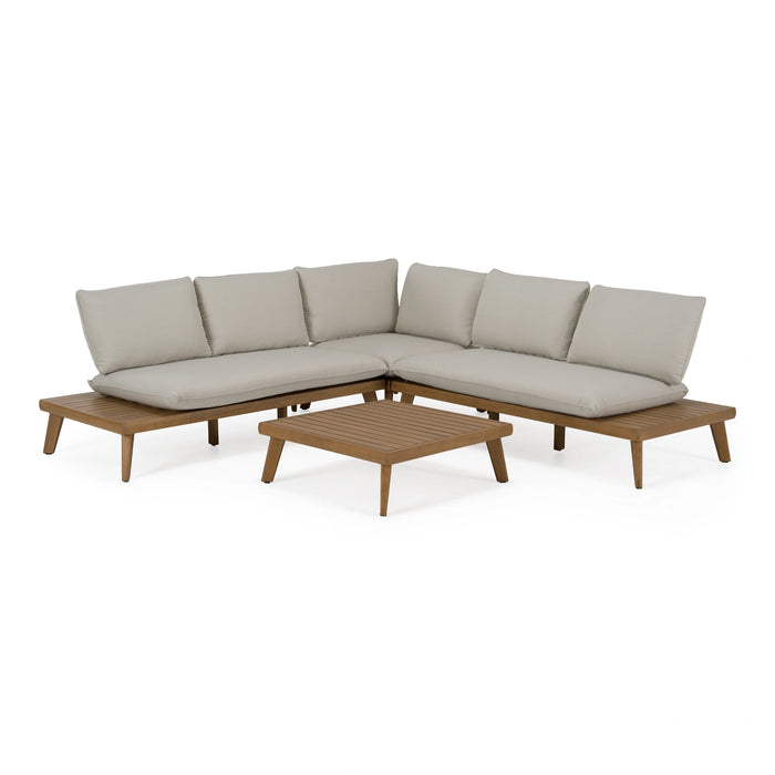 Tavira - Outdoor Off-White Fabric + Eucalyptus Sectional Sofa + Coffee Table Set