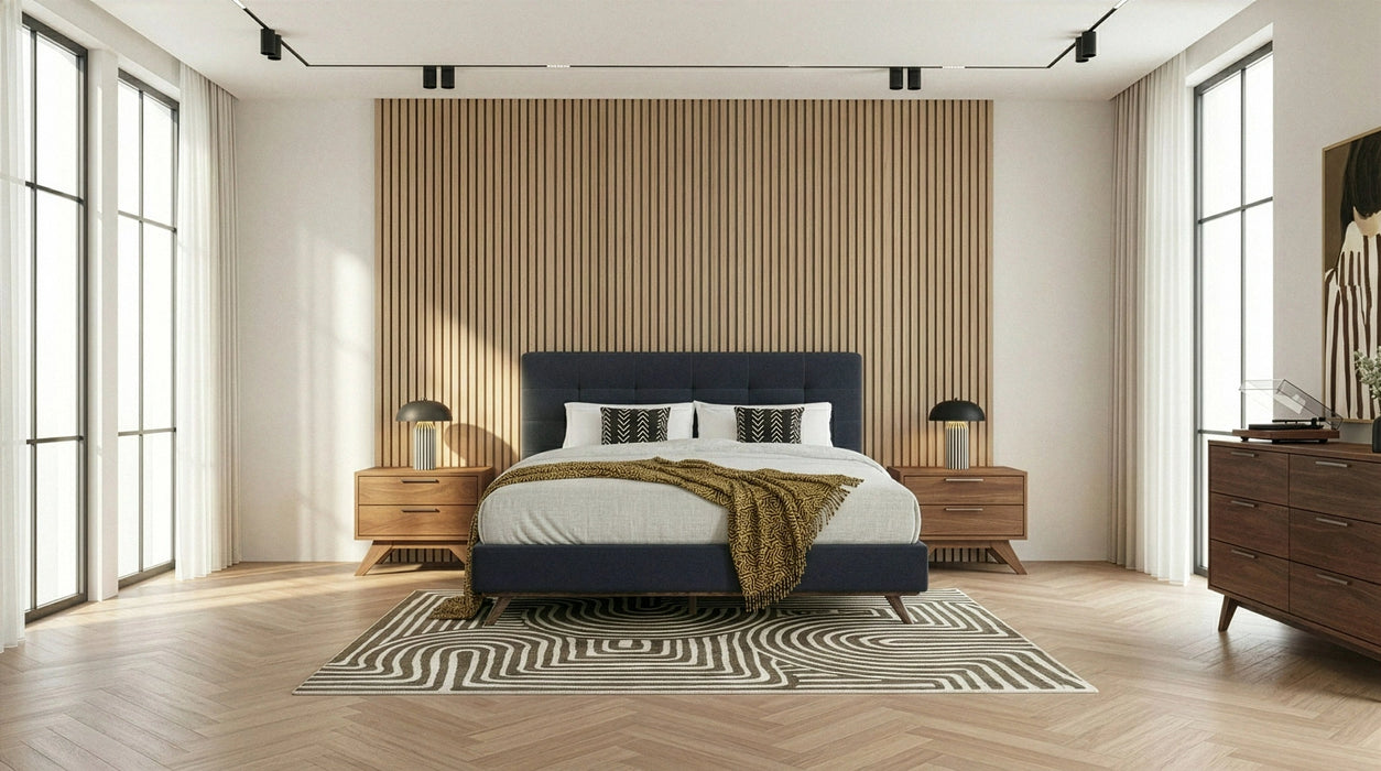 Addison +Soria - Mid-Century Modern Grey Fabric + Walnut 4-Piece Bedroom Set