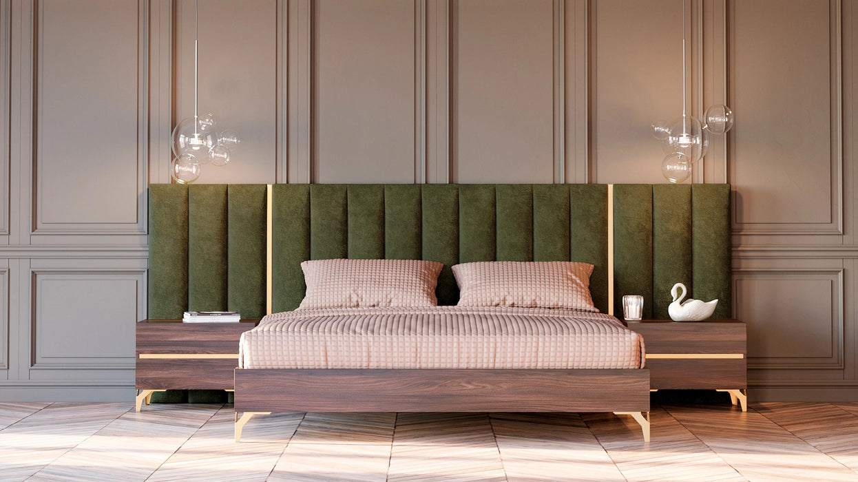 Calabria Modern Walnut & Green Velvet Bedroom Set