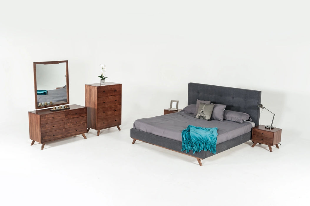 Addison Mid-Century Modern Grey Fabric & Walnut Bed
