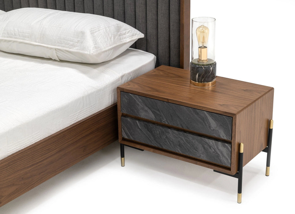 Metcalf - Mid-Century Walnut & Grey Bed w/ Two Nightstands