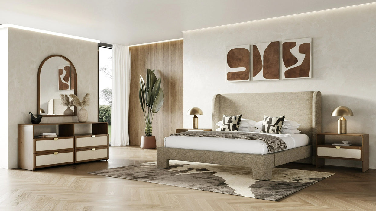 Emilio - Modern Beige Fabric + Burlap + Walnut 4-Piece Bedroom Set
