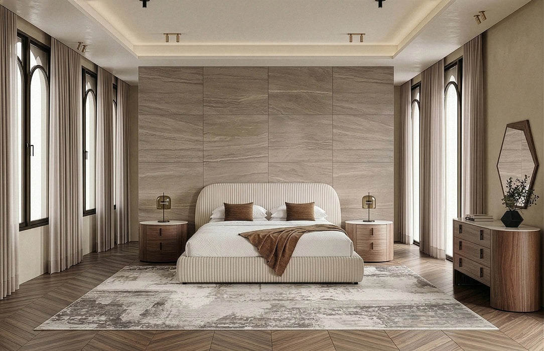 Hortman + Chelton - Modern Beige Velvet + Walnut 4-Piece Bedroom Set