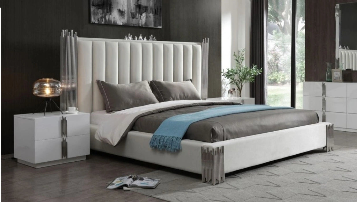 Token - Modern White + Stainless Steel Bed + Nightstands