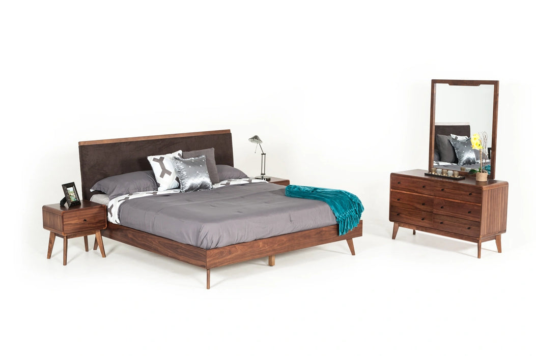 Marshall Mid-Century Modern Brown Fabric & Walnut Bed