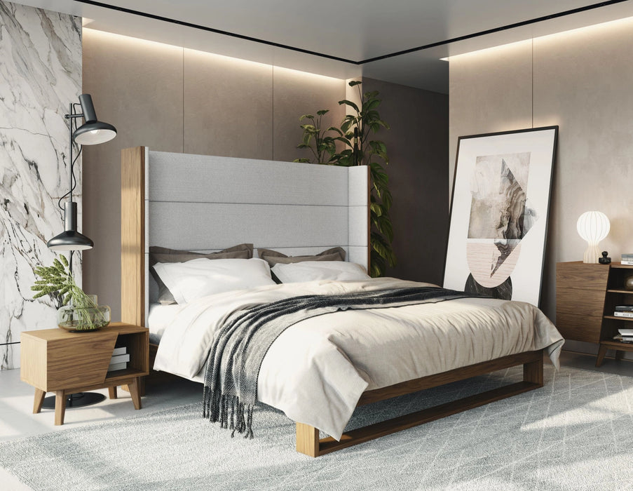 Heloise - Contemporary Grey Fabric & Walnut Trim Bed