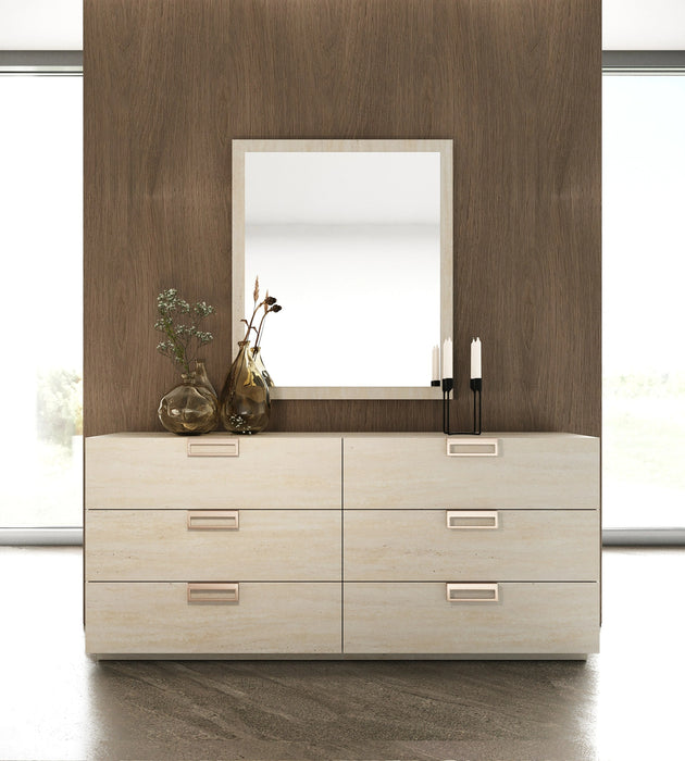 Breslow + Lago - Modern Dark Taupe Fabric + Faux Travertine 4-Piece Bedroom Set
