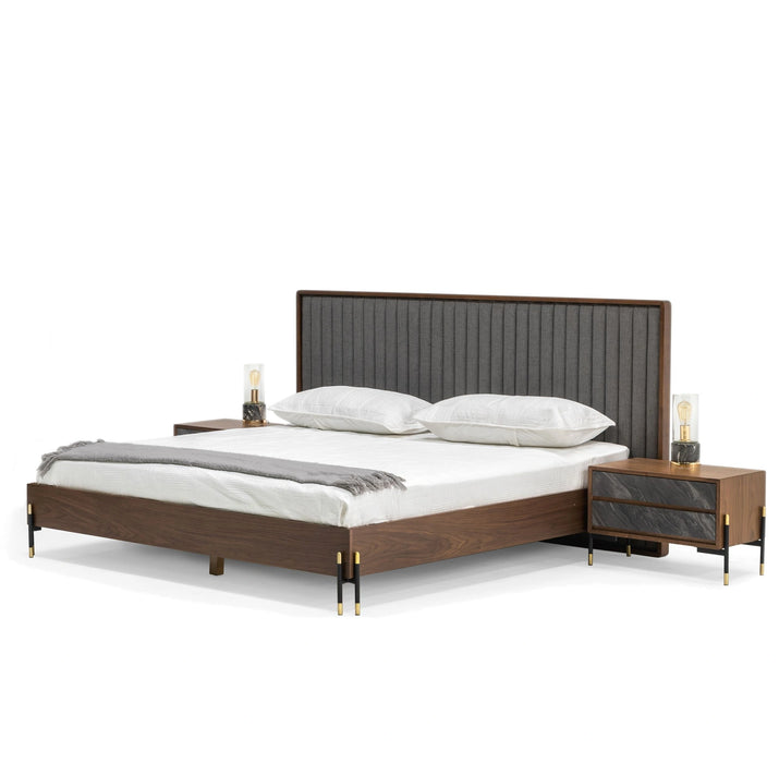 Metcalf - Mid-Century Walnut & Grey Bed w/ Two Nightstands