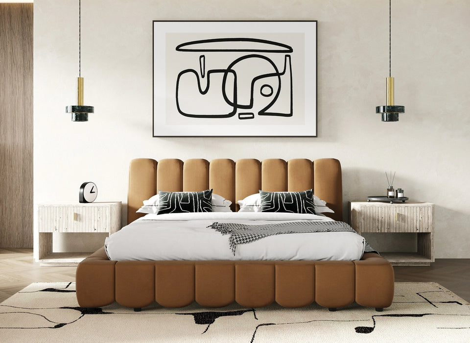Harris + Roma - Modern Brown Fabric + Faux Travertine 4-Piece Bedroom Set