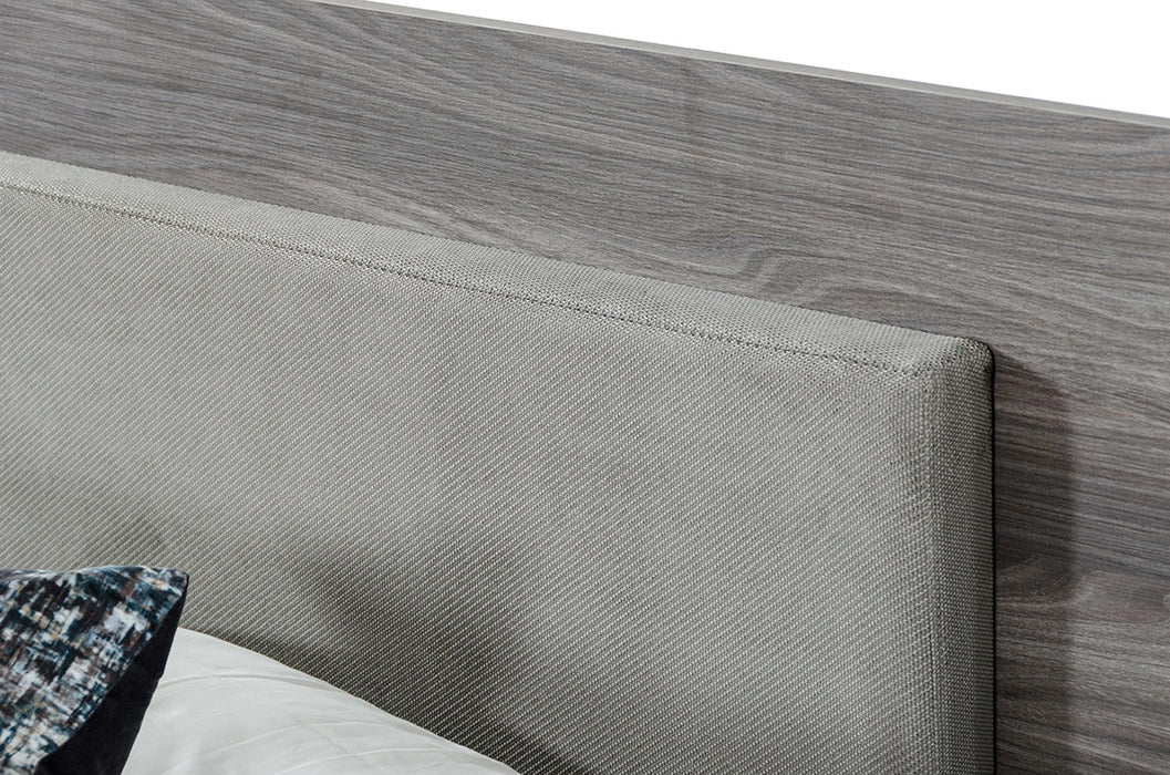 Enzo Italian Modern Grey Oak & Fabric Bed w/ Nightstands
