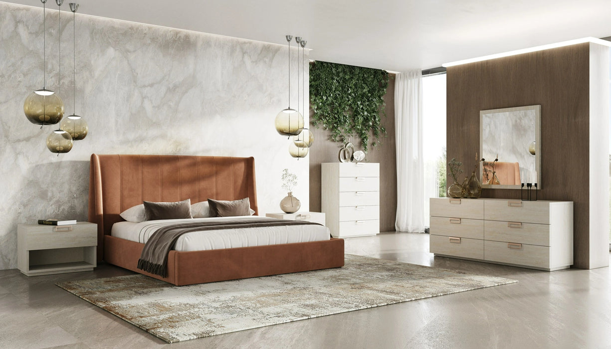 Roma + Lago - Modern Burnt Orange Velvet + Faux Travertine Bed + Nightstands Set