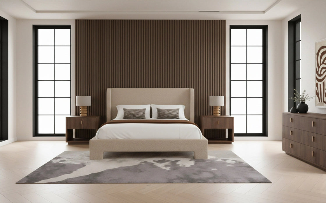 Emilio + Roma - Modern Beige Fabric + Walnut 4-Piece Bedroom Set