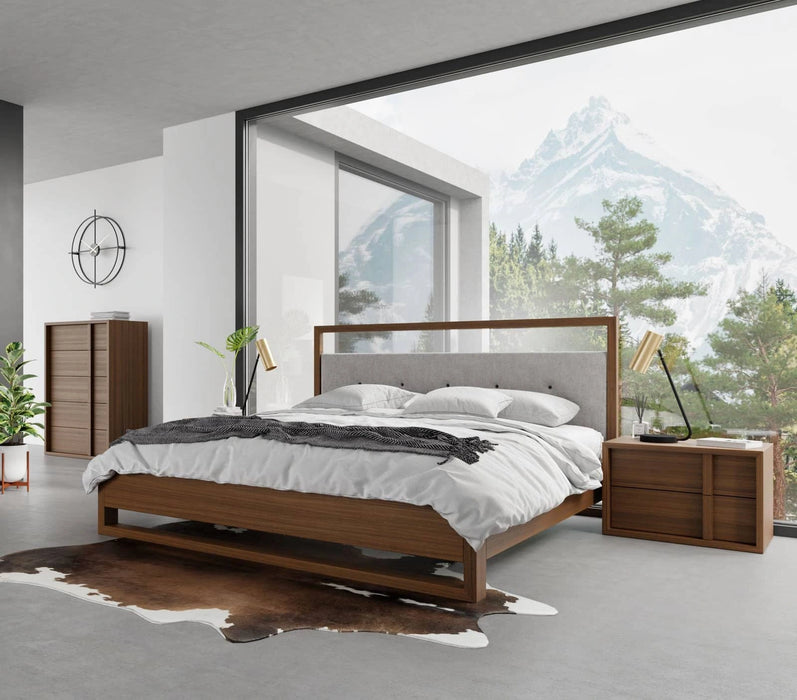 Falcor - Modern Grey Fabric & Walnut Veneer Bed