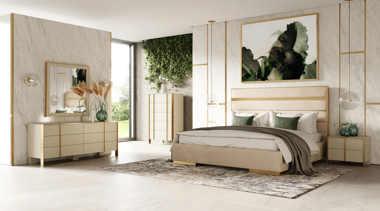 Cartier - Modern Beige Velvet & Brushed Brass Bed