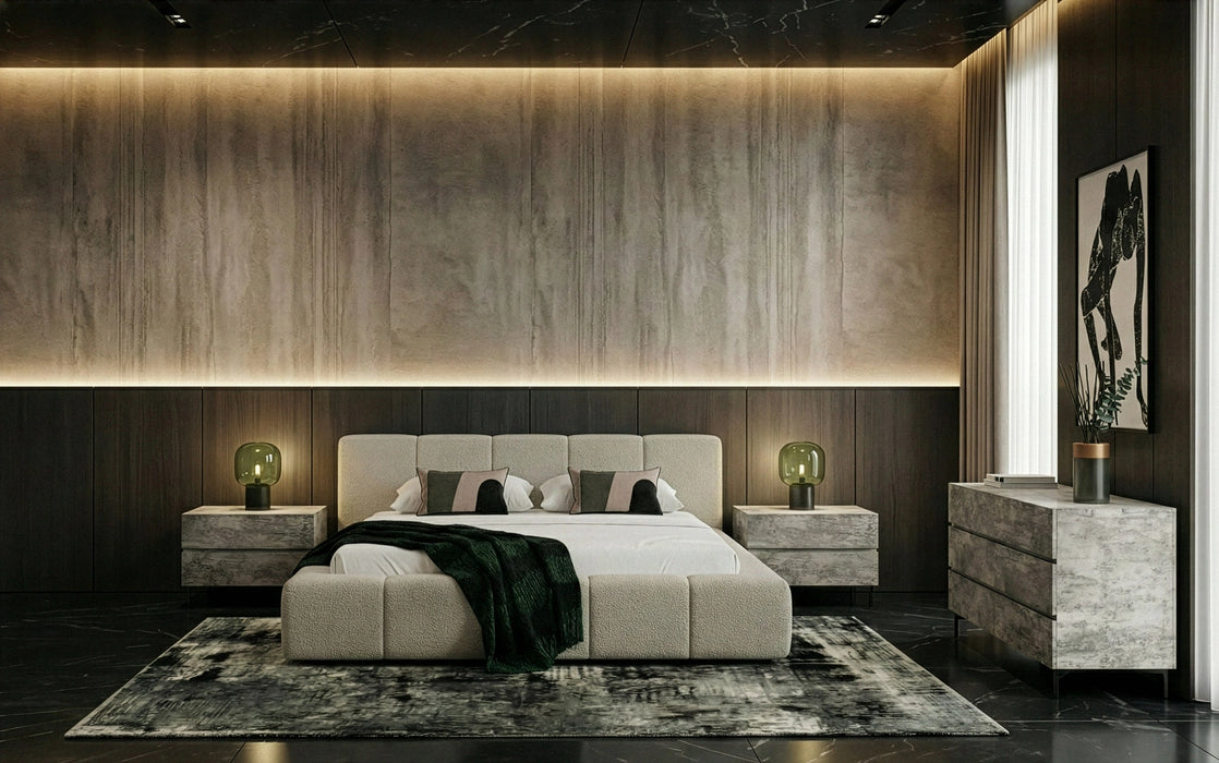 Lamont + Aria - Modern Beige Fabric + Grey Texture 4-Piece Bedroom Set