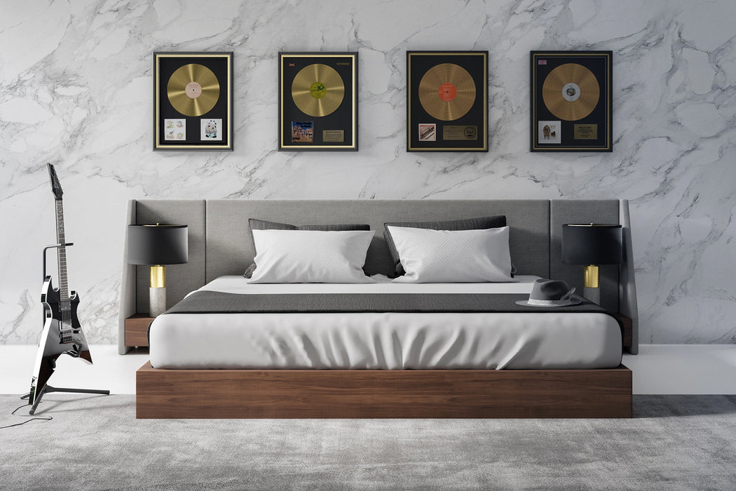 Janice - Modern Grey Fabric and Walnut Bed and Nightstands