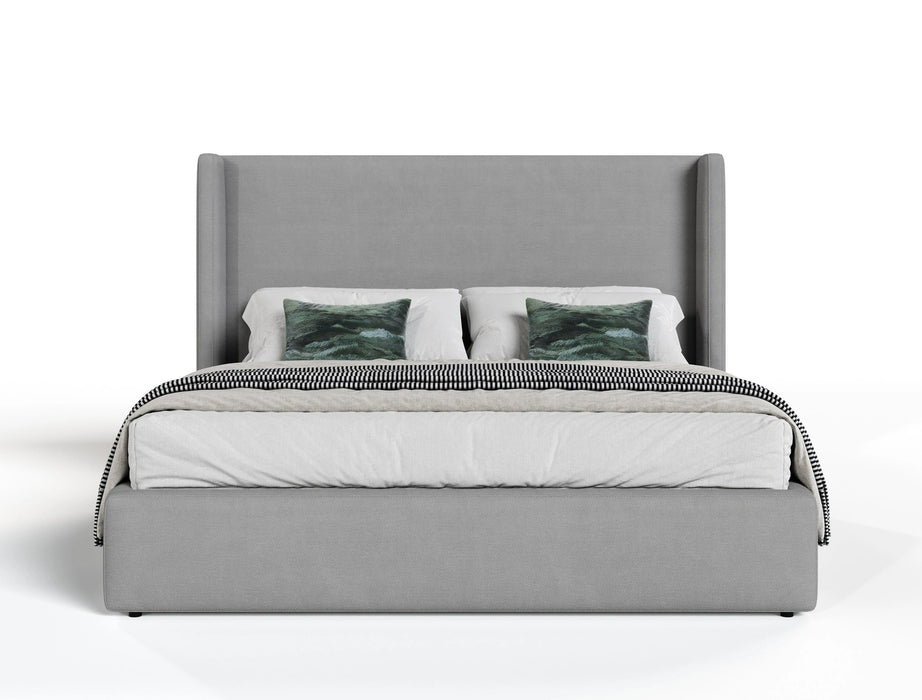 Byrne + Asus - Modern Grey Fabric + Elm Grey Bed & 2 Nightstands