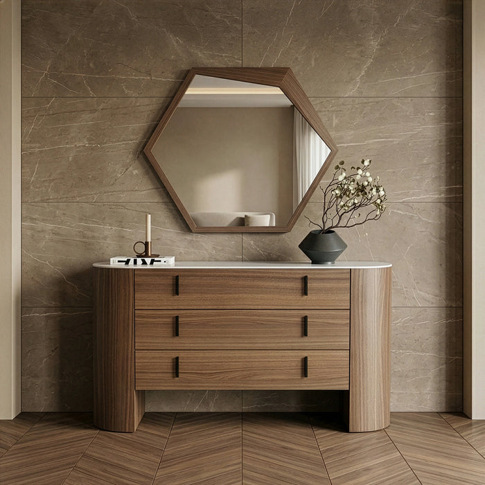 Hortman + Chelton - Modern Beige Velvet + Walnut 4-Piece Bedroom Set