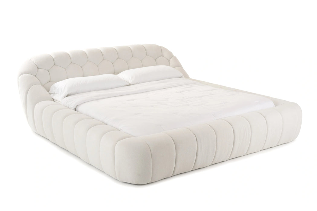 Yolonda + Dustin - Modern Off-White Fabric + Natural Oak 4-Piece Bedroom Set