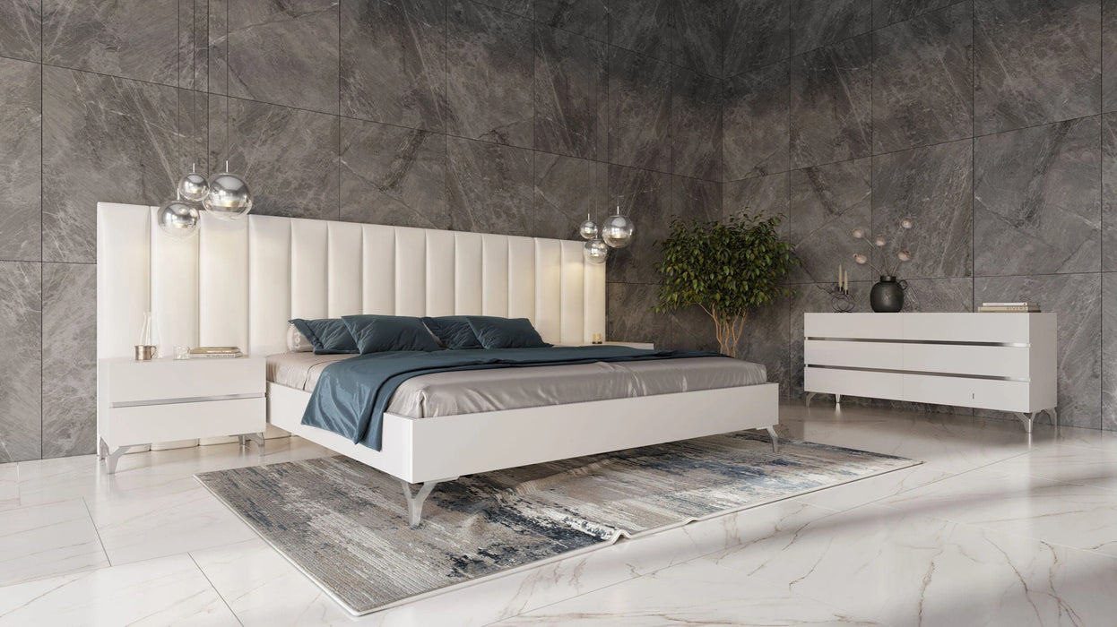 Angela - Italian Modern White Eco Leather 4-Piece Bedroom Set and Wings