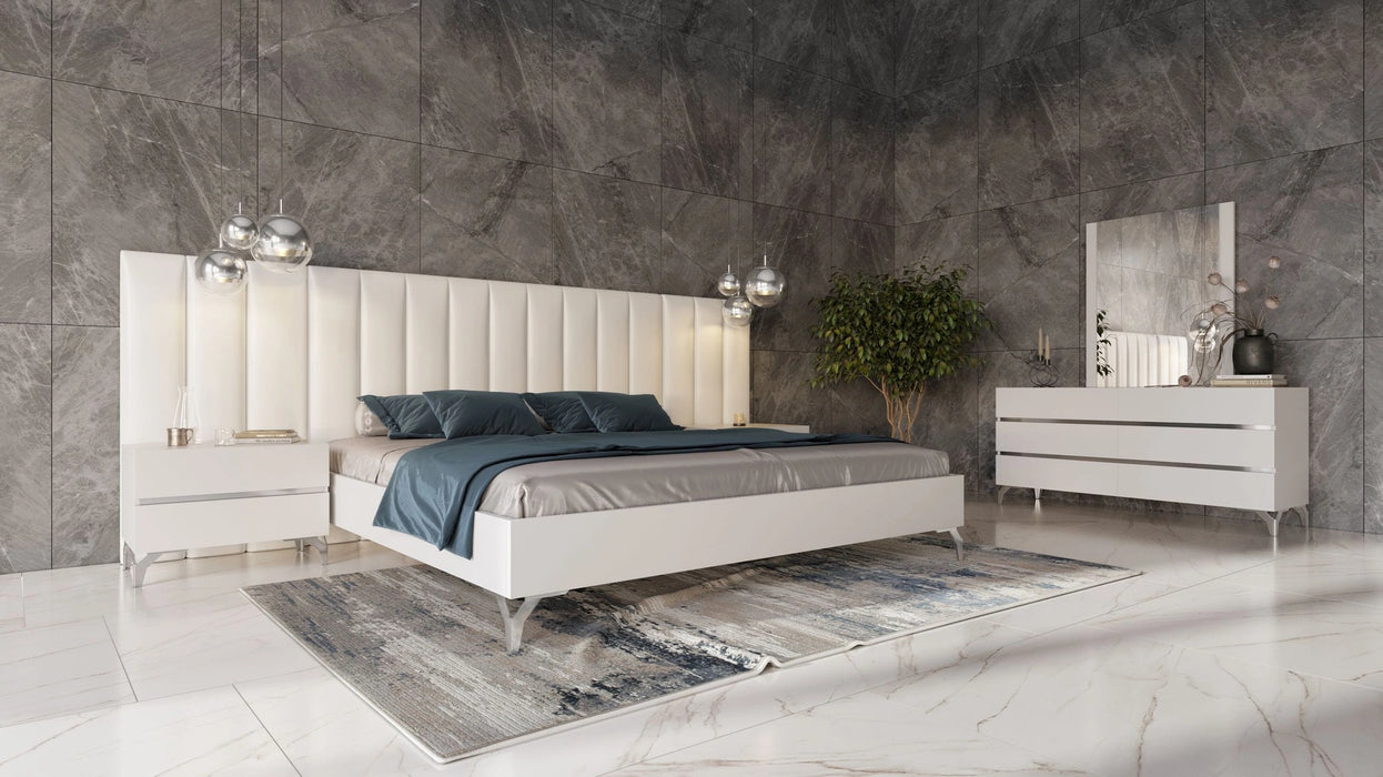 Angela - Italian Modern White Eco Leather Bed w/ Nightstands and Wings