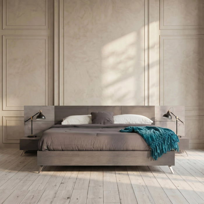 Bronx Italian Modern Faux Concrete & Grey Bed + 2 Nightstands Set