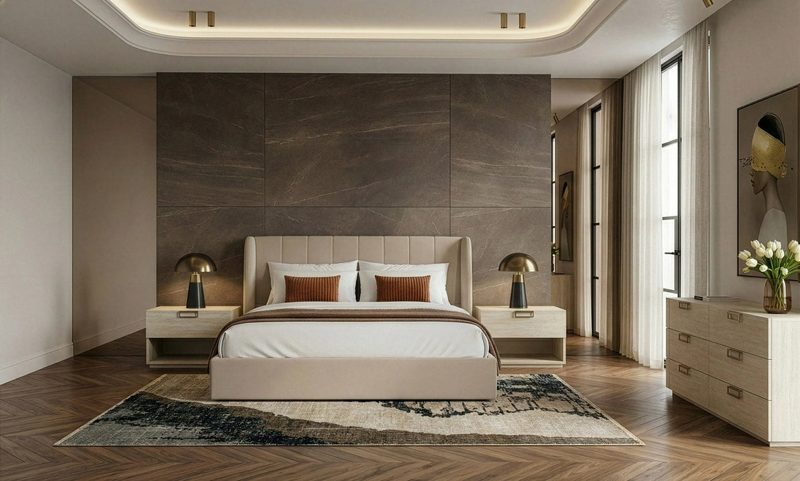 Kiro + Lago - Modern Tan Fabric + Faux Travertine 4-Piece Bedroom Set