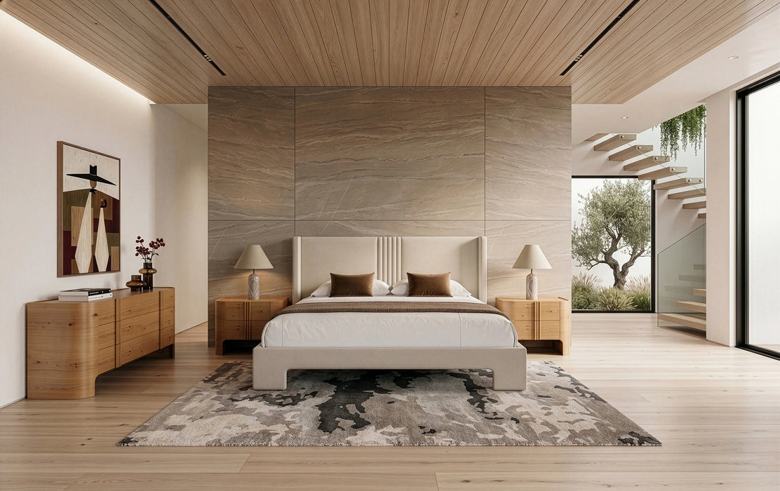 Newhart - Modern Beige Fabric + Natural Oak 4-Piece Bedroom Set