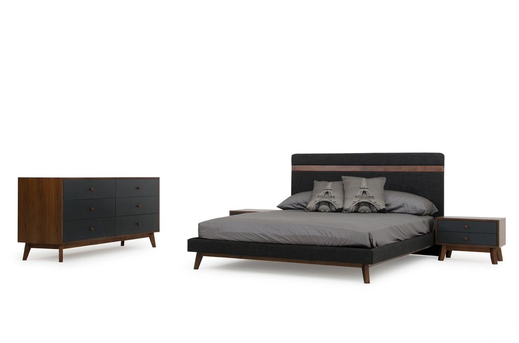 Dali Mid-Century Grey Fabric & Walnut Bed