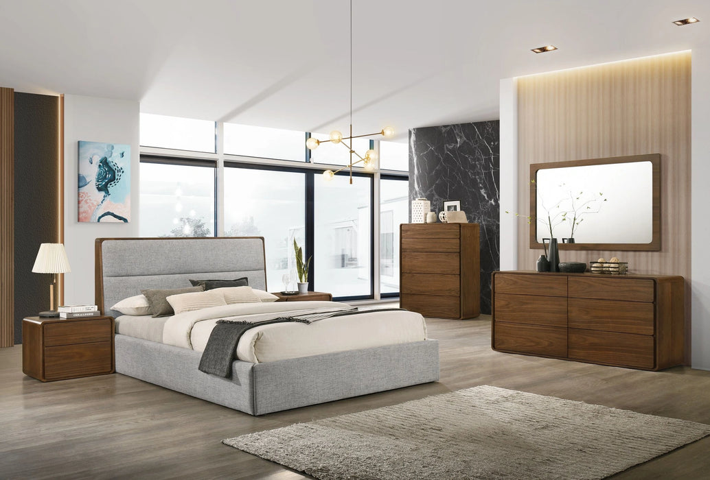 Dustin - Modern Grey Fabric & Walnut Trimmed Bedroom Set