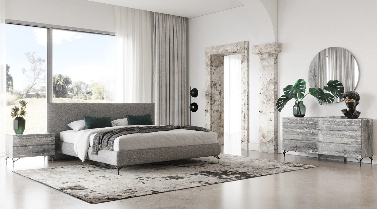 Aria - Italian Modern Multi Grey Bed and Two Nightstands