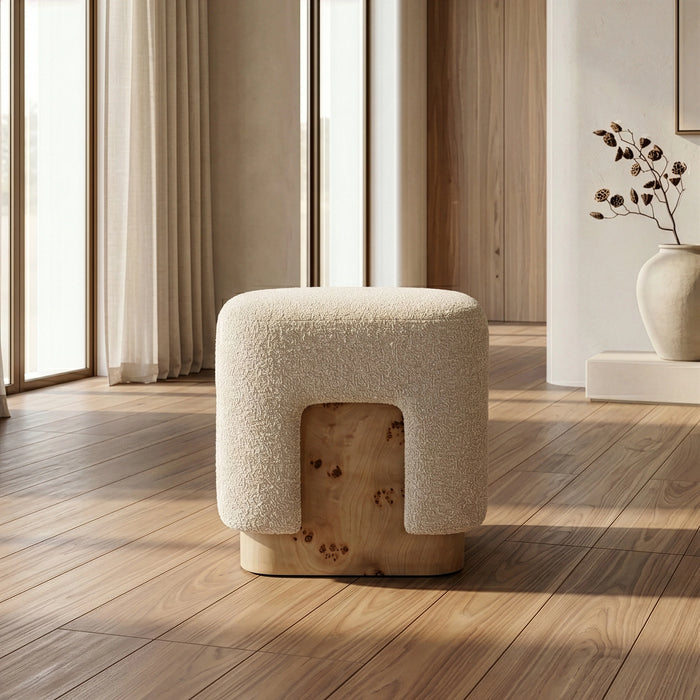 Mayfair - Contemporary Beige Fabric + Burl Square Ottoman