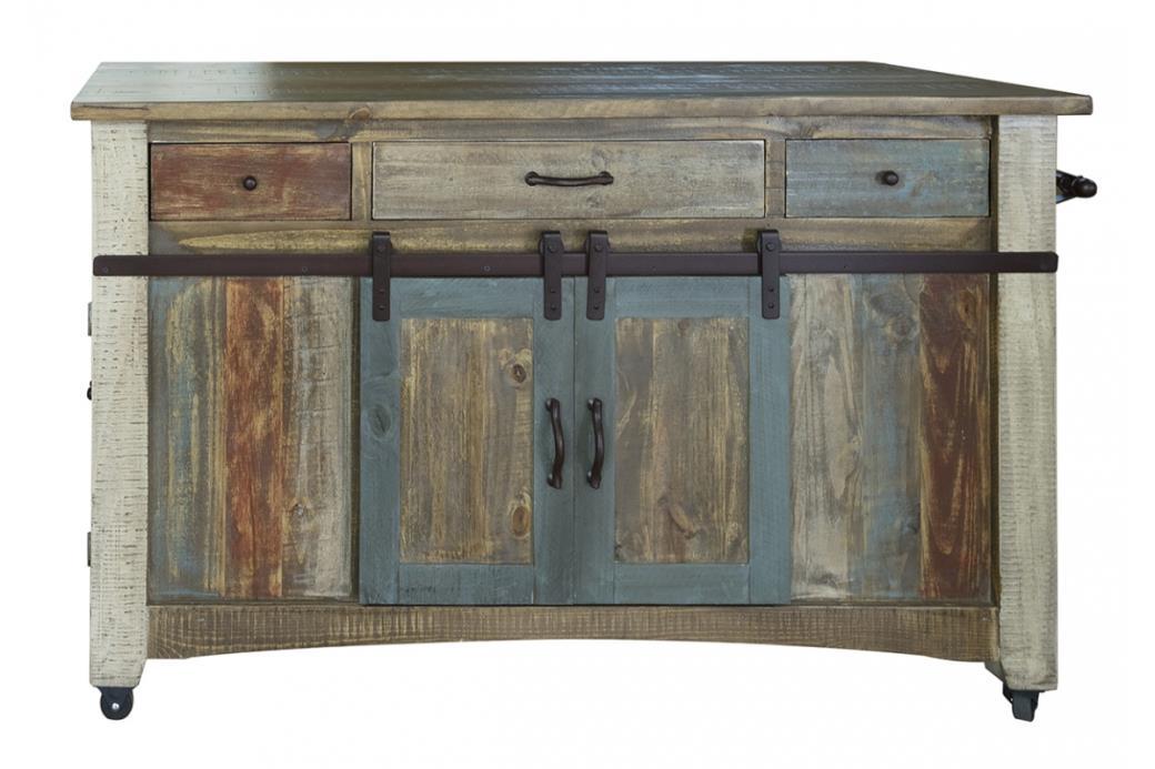 Antique Multicolor Kitchen Island w/3 Drawer, 2 sliding doors, 2 Mesh doors on each side and casters image