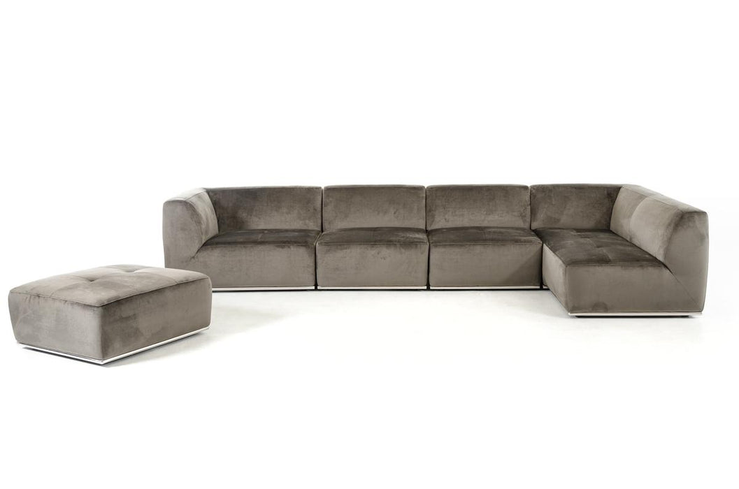 Divani Casa Hawthorn - Modern Grey Fabric Modular Right Facing Sectional Sofa + Ottoman