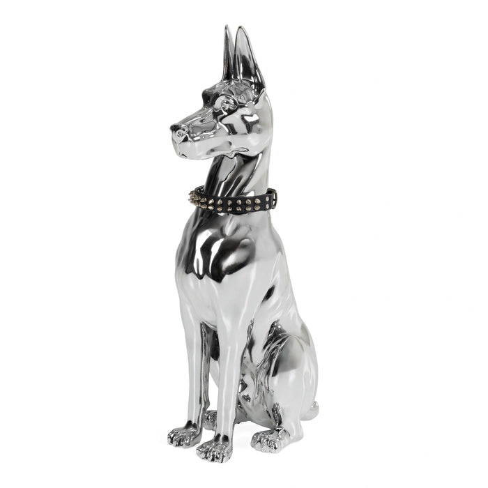 Doberman Dog - Silver Fiberglass Sculpture