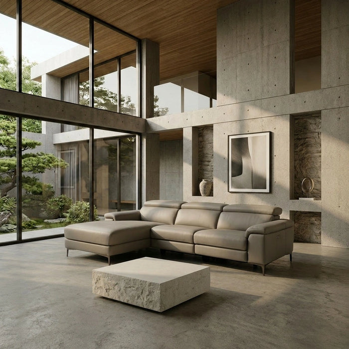 Meidas - Modern Light Grey Leather Sectional Sofa + 2 Recliners - Left Facing Chaise