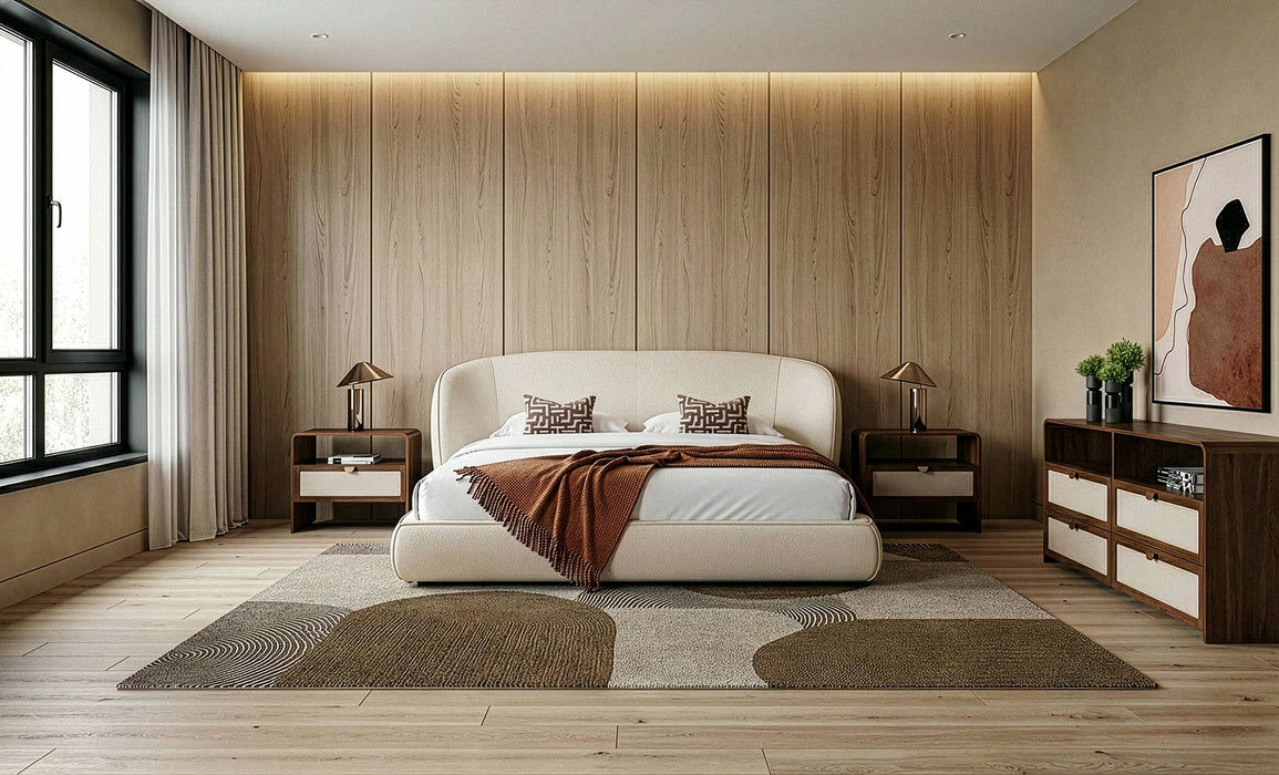 Lambert + Emilio - Modern Beige Fabric + Walnut + Burlap 4-Piece Bedroom Set