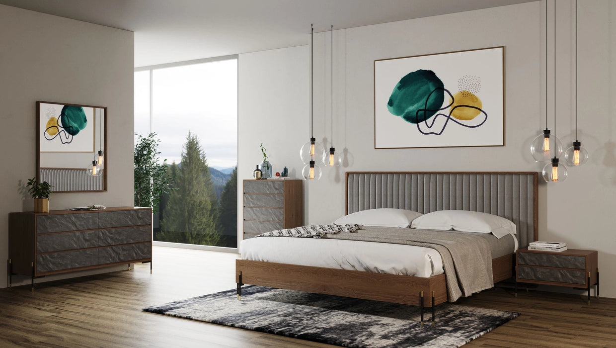 Metcalf - Mid-Century Walnut & Grey Bed w/ Two Nightstands