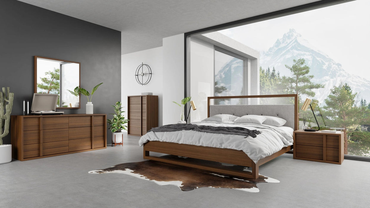 Falcor - Modern Grey Fabric & Walnut Veneer Bed